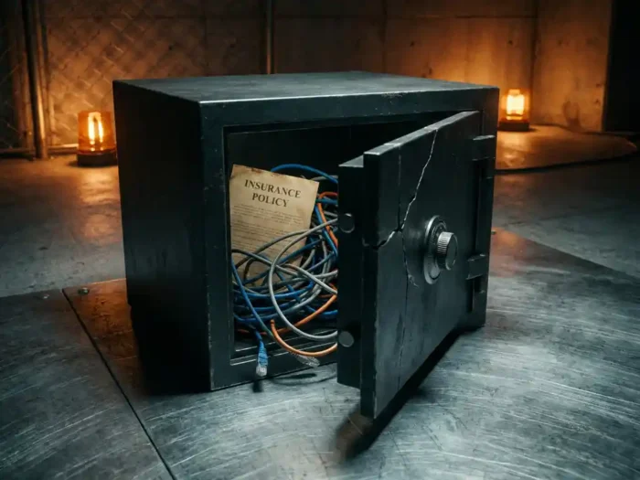 Open gekraakte kluis met ethernet-kabels en een verzekeringspolis erin, dramatisch verlicht door oranje noodverlichting in serverruimte.
