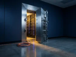 Zware stalen kluisdeur op een kier in een moderne serverruimte met gloeiende rack-servers en een netwerkkabel op de betonnen vloer.