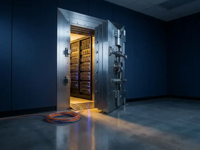 Zware stalen kluisdeur op een kier in een moderne serverruimte met gloeiende rack-servers en een netwerkkabel op de betonnen vloer.