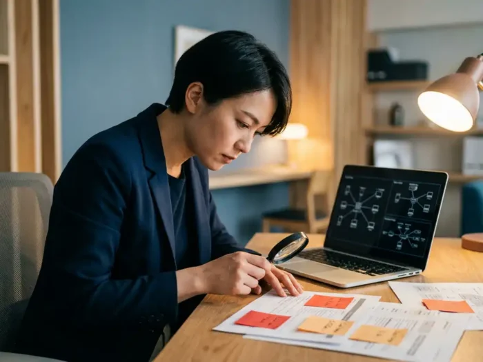 Cybersecurityprofessional analyseert kwetsbaarheidsrapport aan bureau met rode en oranje sticky notes, laptop met netwerkdiagrammen op achtergrond.