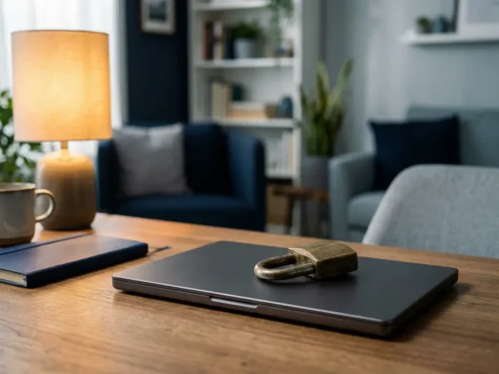 Gesloten laptop op thuiswerkbureau beveiligd met een hangslot, verlicht door een warme bureaulamp in marineblauw en amber tinten.