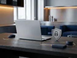Laptop op modern bureau naast metalen beveiligingsschild, verbonden via koperen draden, in marineblauw en zilver met amberkleurig licht.