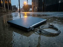Verlaten zakelijke laptop op nat beton met gebroken beveiligingskabel, dramatisch verlicht door oranje straatlantaarn.