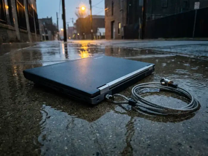 Verlaten zakelijke laptop op nat beton met gebroken beveiligingskabel, dramatisch verlicht door oranje straatlantaarn.