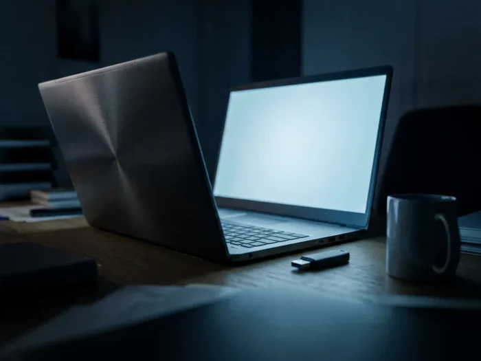 Openstaande zakelijke laptop op donker bureau met USB-stick ernaast, blauw schermgloed, sfeer van digitale dreiging.