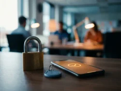 Messing hangslot op kantoorbureau naast smartphone met bevestigingsprompt en fysieke sleutelhanger voor tweefactorauthenticatie.