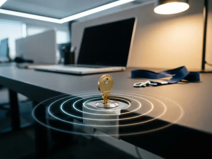 Gepolijste messing sleutel in modern bureauslot met uitstralende ringen, laptop en bedrijfsbadge op de achtergrond.