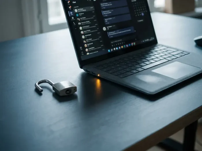 Laptop met Microsoft Teams op bureau naast een open hangslot, dramatisch zijlicht met amberkleurige waarschuwingsreflectie.