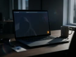 Laptop met Microsoft 365-interface in donker kantoor, met vage reflectie van gehooide figuur in het scherm en waarschuwend amber licht.