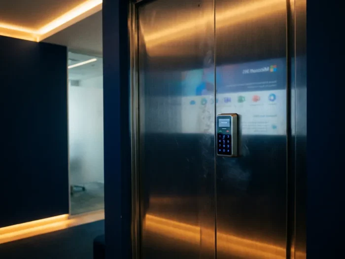 Stalen kantoordeuren met elektronisch cijferslot en reflectie van Microsoft 365-interface op geborsteld metaaloppervlak.
