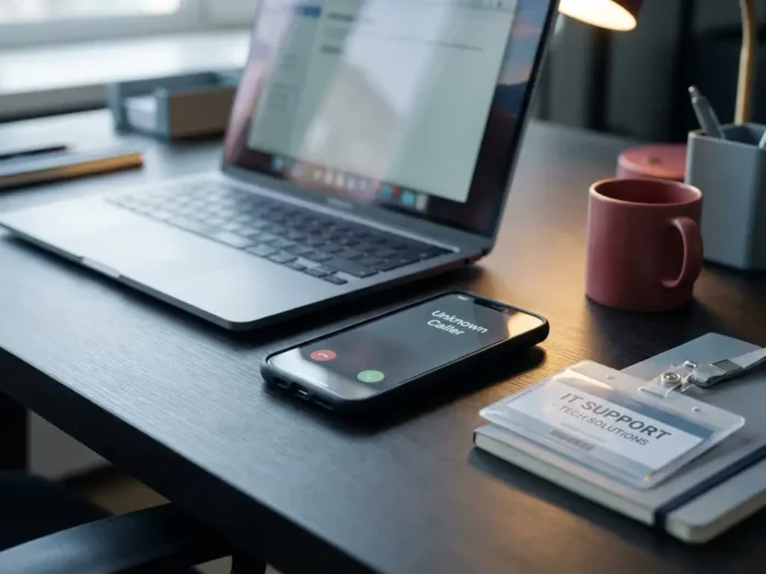 Smartphone met onbekende beller op kantoorbureau naast laptop en nep IT-supportbadge, symbool voor vishing-fraude.