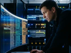 Netwerkbeheerder monitort logstreams en waarschuwingsdashboards op groot gebogen scherm in donkere MKB-serverruimte.