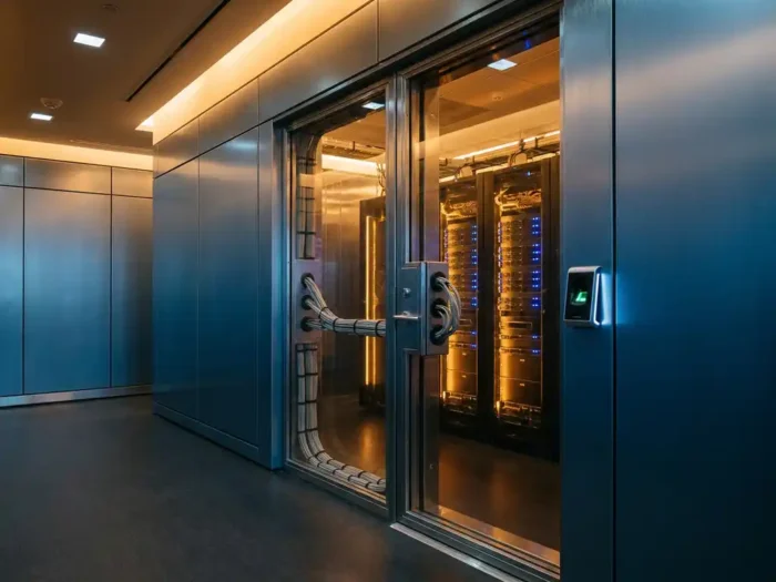 Versterkte glazen scheidingswand in serverruimte met verlichte rack-servers, netjes gerouteerde kabels en staalblauwe en amberkleurige verlichting.