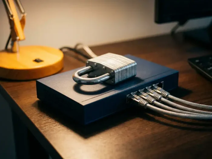 Stalen hangslot op een moderne netwerkswitch met ethernet-kabels, symbool voor netwerkbeveiliging en gecontroleerde toegang.