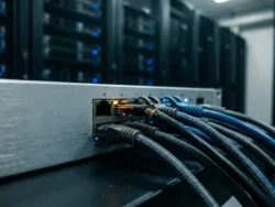 Kantoornetworkswitch met ingeplugde ethernetkabels, één kabel beschadigd bij aansluitpunt, amber waarschuwingslicht in serverruimte.