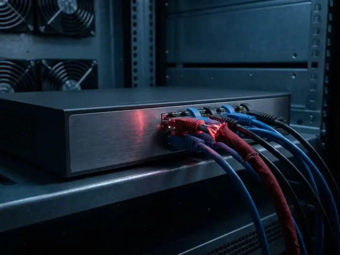 Netwerk switch in serverruimte met ethernet-kabels, waarbij één connector licht rood oplicht als teken van een defecte verbinding.