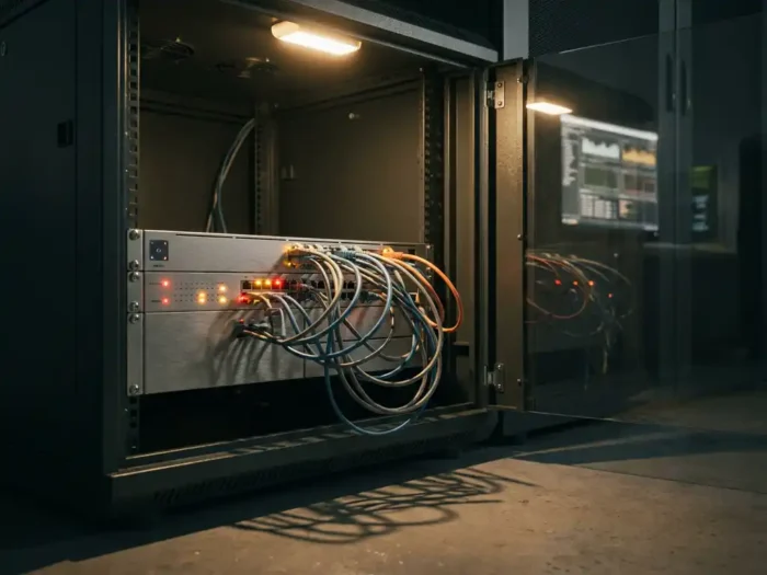 Netwerkswitch met knipperende amber en rode lampjes in een halfopen serverrack, verstrengelde ethernetkabels en reflectie van monitorscherm.