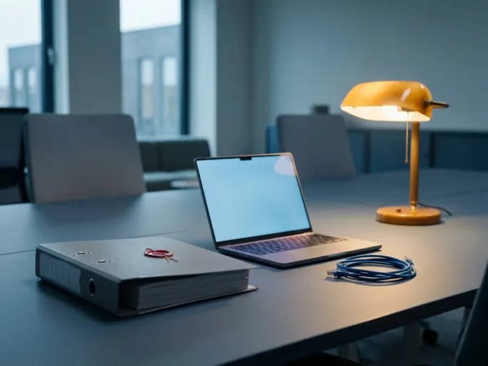 Noodmap en laptop op kantoorbureau met loshangende ethernetkabel, symboliseert digitale crisisvoorbereiding voor het MKB.
