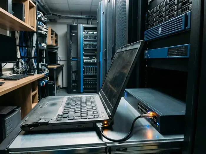 Beschadigde laptop aangesloten op kantoornetworkswitch tussen professionele werkstations, met amberkleurige waarschuwingsgloed bij onbeveiligde poort.
