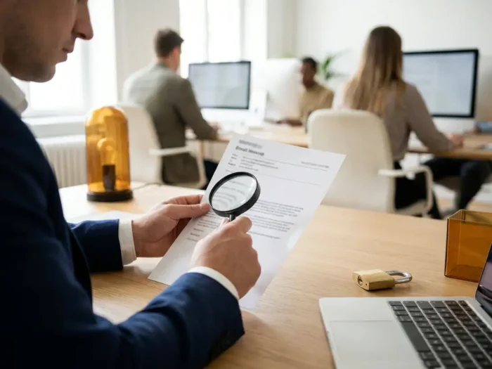 Professional bestudeert een phishing-e-mail op papier aan een modern bureau, met een hangslot naast het toetsenbord.