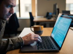 Kantoormedewerker bekijkt verdachte e-mail op laptop, blauw schermgloed op gezicht, koffiekop op modern bureau.