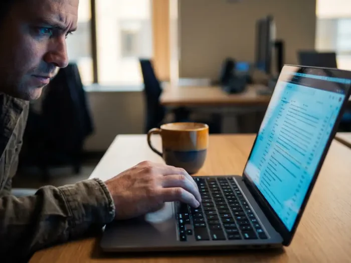 Kantoormedewerker bekijkt verdachte e-mail op laptop, blauw schermgloed op gezicht, koffiekop op modern bureau.