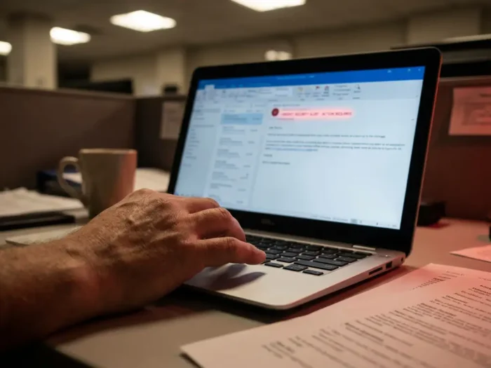 Kantoormedewerker aarzelt boven laptoptoetsenbord met verdachte phishing-e-mail op scherm, rode gloed over bureau met koffiemok en papieren.