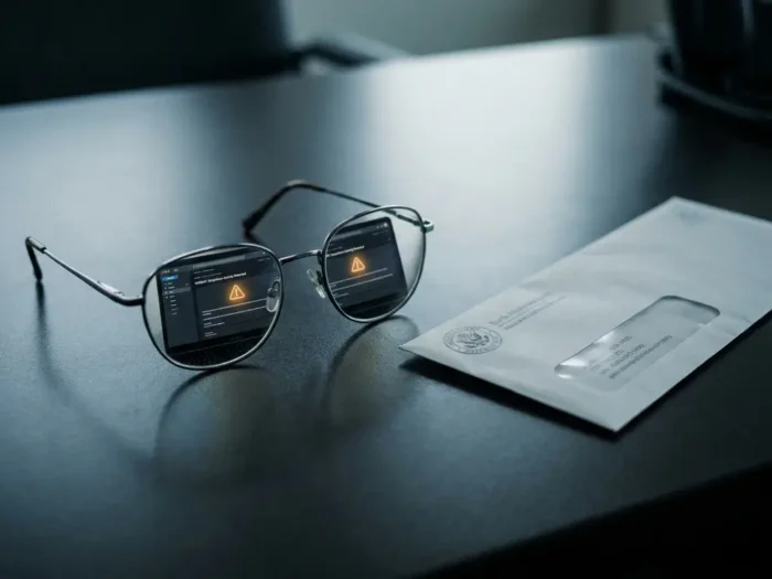 Laptop met verdachte e-mail weerspiegeld in leesbril op bureau, met officiële bankbrief ernaast in koel blauw-grijs kantoorlicht.