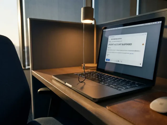 Phishingmail op laptopscherm met een vishaak die een schaduw werpt over het toetsenbord in een modern kantoor.