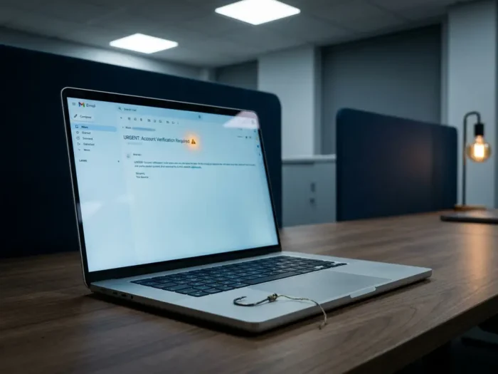 Laptop met verdacht e-mailscherm op houten bureau, met een vishook op het toetsenbord als symbool voor phishing.