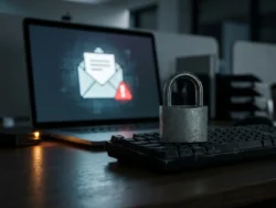 Verdacht e-mailscherm op laptop in donker kantoor met hangslot op toetsenbord en amberkleurig waarschuwingslicht.