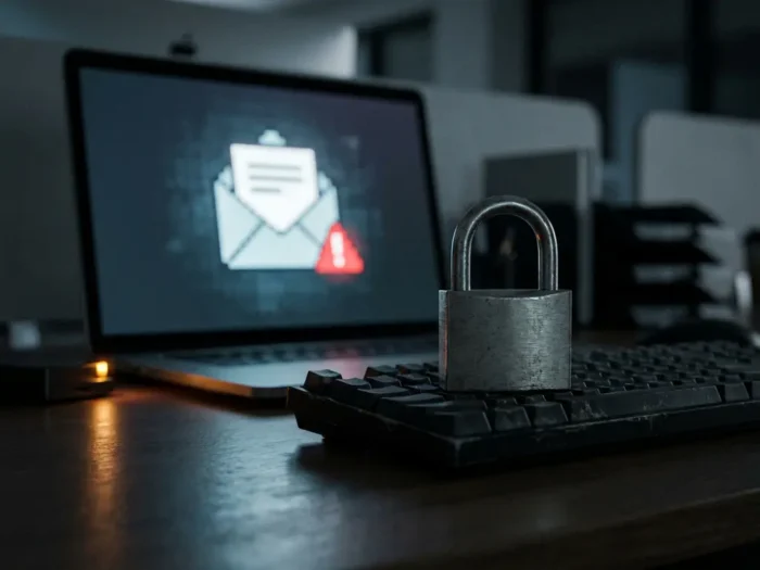 Verdacht e-mailscherm op laptop in donker kantoor met hangslot op toetsenbord en amberkleurig waarschuwingslicht.