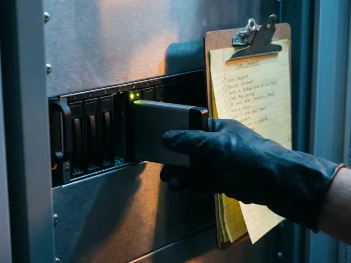 Handschoenende IT-technicus plaatst een backup drive in een serverrack, met één groen controlelampje en een checklist op klembord.