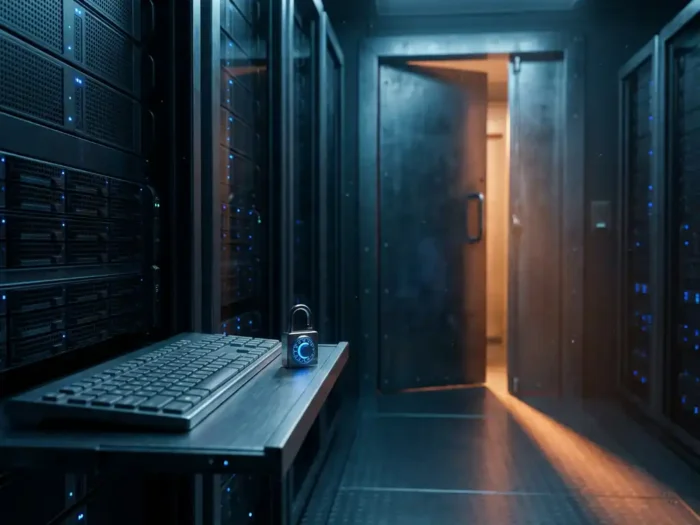 Onbeveiligde server room met op een kier staande stalen deur en ontgrendeld gloeiend hangslot op toetsenbord, dramatisch amberkleurig waarschuwingslicht.