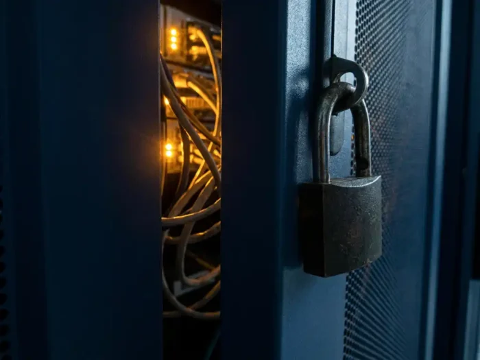 Open hangslot op serverrack in donker datacenter, met zichtbare kabels en knipperende amberkleurige waarschuwingslichten op de achtergrond.