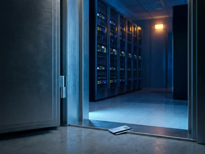 Zware stalen kluisdeur op een kier in een moderne serverruimte, met een keycard op de drempel en blauw licht dat naar binnen valt.