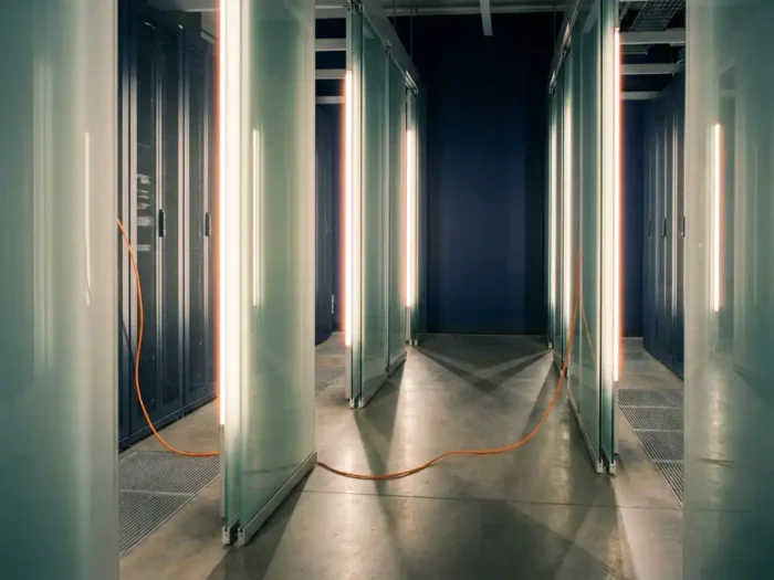 Serverruimte-corridor met verlichte zones gescheiden door matglazen wanden, verbonden door één netwerkkabel in blauw-grijs licht.
