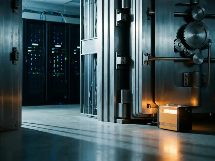 Stalen kluisdeur op een kier in een serverruimte met knipperende rack-servers en een gloeiende noodstroomunit op de vloer.
