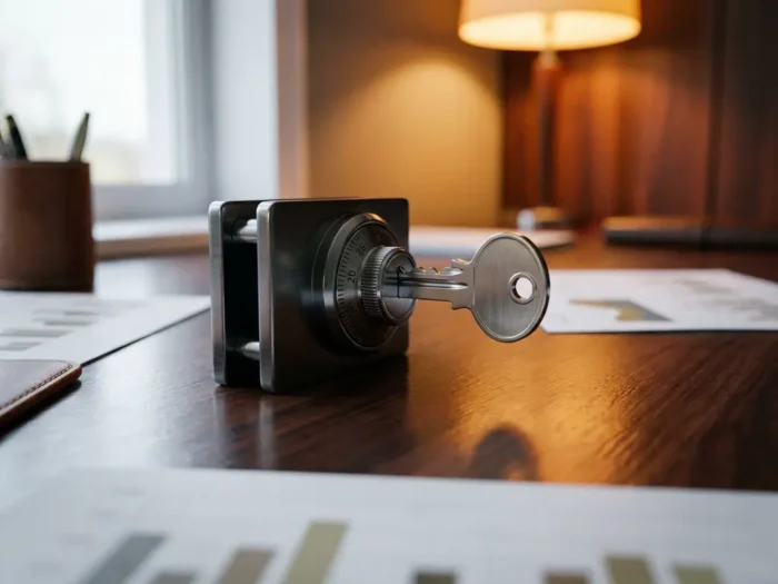 Metalen sleutel in een open cijferslot op een donker bureau, omringd door zakelijke documenten in stalen blauwtinten met amberkleurig licht.
