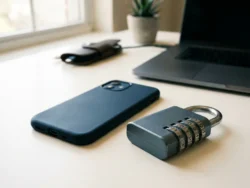 Smartphone met scherm naar beneden op kantoorbureau naast een combinatieslot, laptop op de achtergrond.