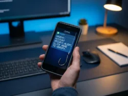 Hand houdt smartphone vast met verdacht sms-bericht, phishing-haak zichtbaar op telefoonhoesje, zakelijke kantooromgeving in blauw-grijze tinten.