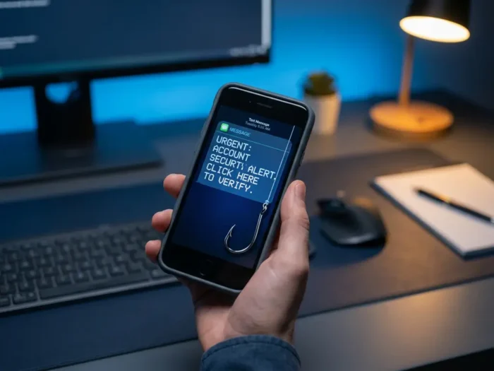 Hand houdt smartphone vast met verdacht sms-bericht, phishing-haak zichtbaar op telefoonhoesje, zakelijke kantooromgeving in blauw-grijze tinten.
