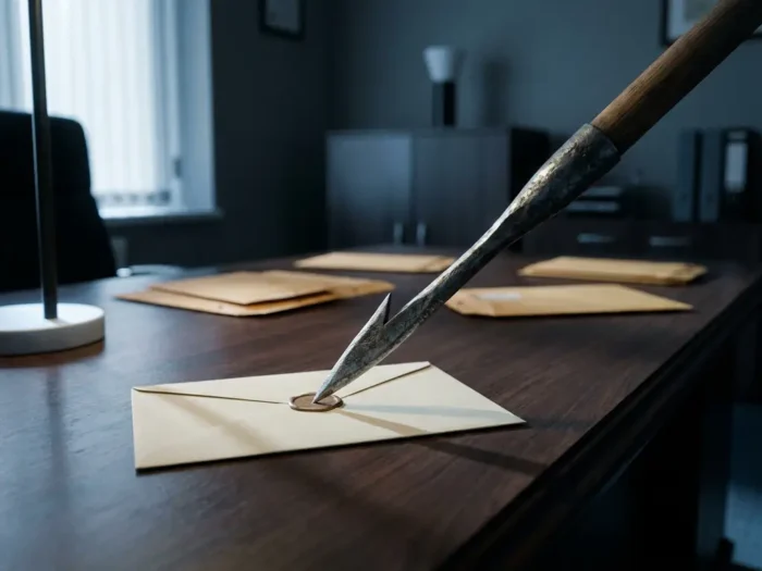 Viszeer gericht op één verzegelde envelop op een zakelijk bureau, omringd door andere envelopen, dramatische zijverlichting in donker marineblauw kantoor.