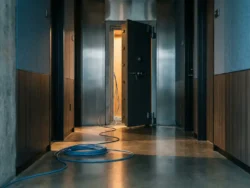 Stalen kluisdeur op een kier in modern kantoorgang, netwerkkabel over de drempel, warm amberkleurig licht valt naar buiten.