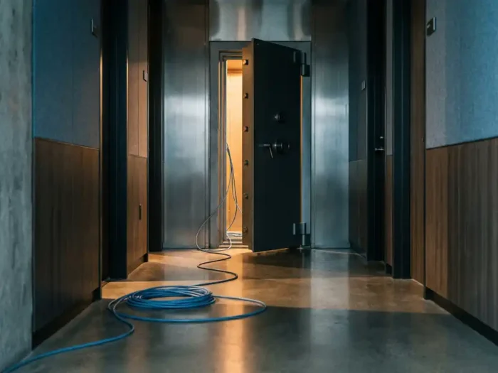Stalen kluisdeur op een kier in modern kantoorgang, netwerkkabel over de drempel, warm amberkleurig licht valt naar buiten.