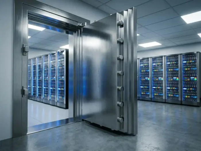 Stalen kluisdeur op een kier in een moderne serverruimte met knipperende netwerkapparatuur op de achtergrond.