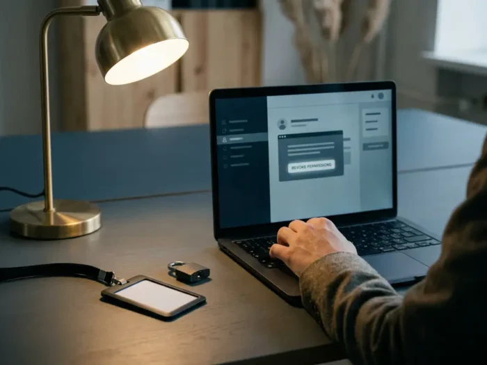 Omgedraaid medewerkersbadge op bureau naast laptop, hand boven toetsenbord, gesloten hangslot, zachte bureaulamp in blauwe en grijze tinten.