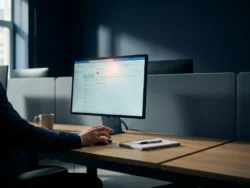 Medewerker houdt hand boven muis bij verdachte e-mail op kantoormonitor, met notitieblok op bureau.