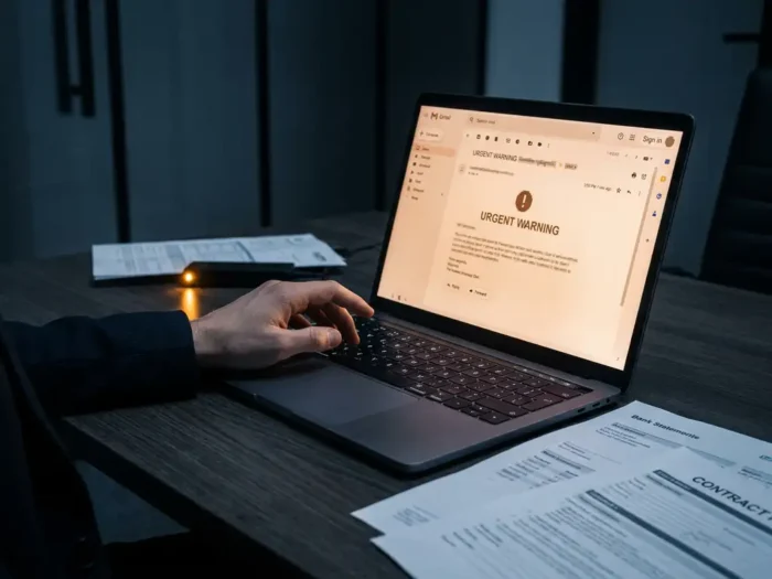 Professionele hand aarzelend boven toetsenbord bij verdachte e-mail op laptopscherm, financiële documenten verspreid op bureau in donker kantoor.