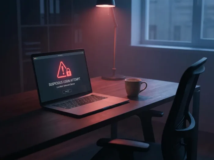 Laptopscherm met verdachte inlogmelding in donker modern kantoor, lege bureaustoel en vergeten koffiemok op de voorgrond.